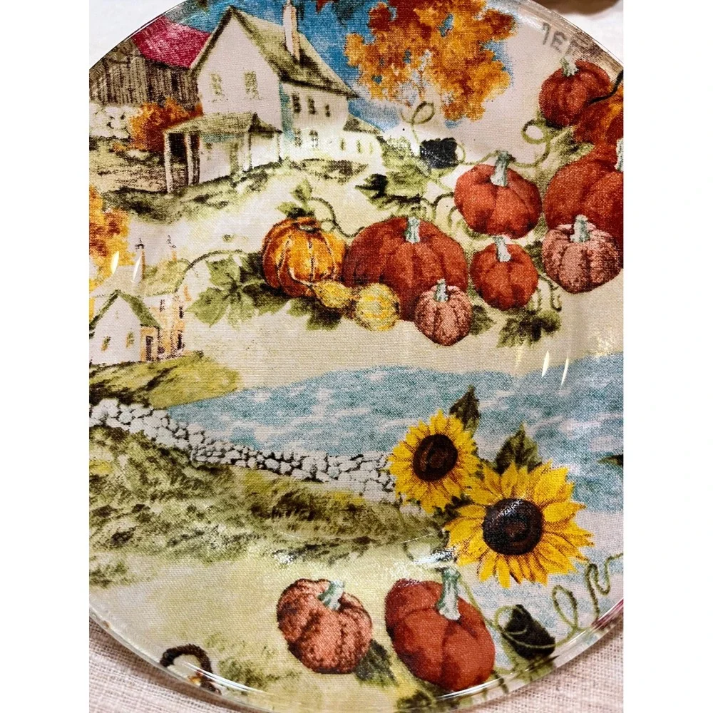 Fall Harvest Glass‎ Plate Sunflower Pumpkin Farmhouse Decor Thanksgiving Plate